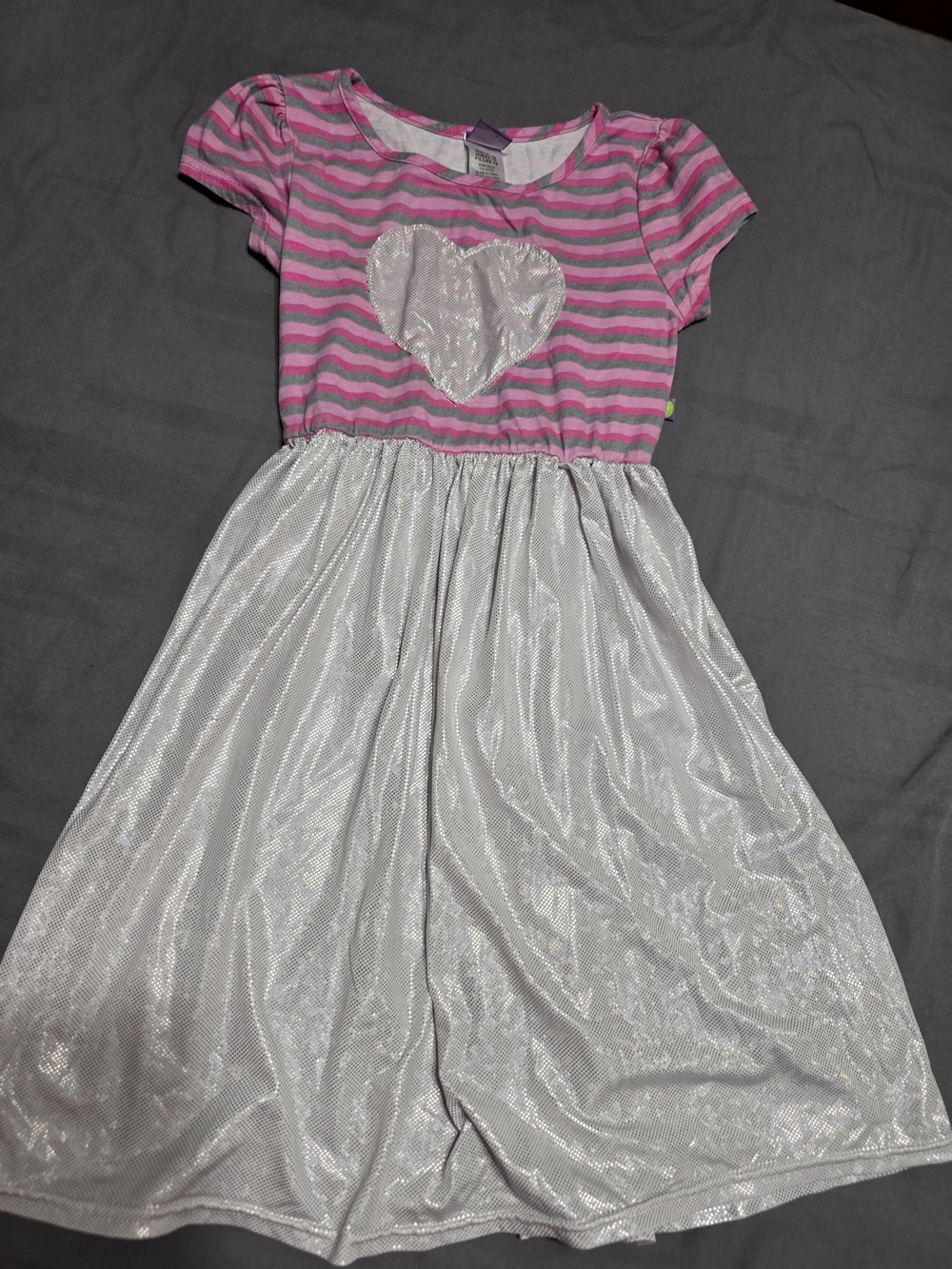 Girls Pink Stripe Dress with Shimmer Heart and Silver Skirt